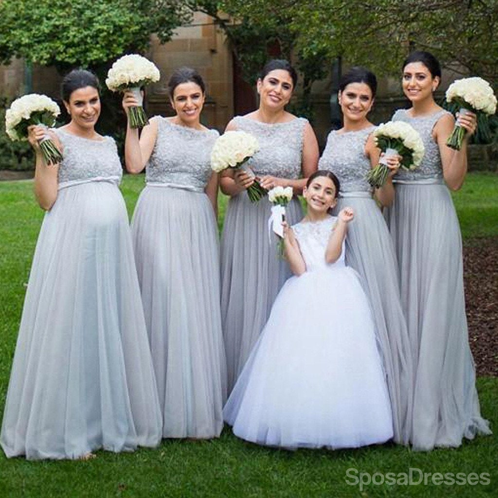 Tul de plata vestidos de la dama de honor de la fiesta de bodas baratos largos elegantes para muchachas embarazadas, WG192