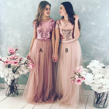 Falda de tul de blusa de lentejuelas Vestidos de dama de honor largos baratos con mangas, WG218