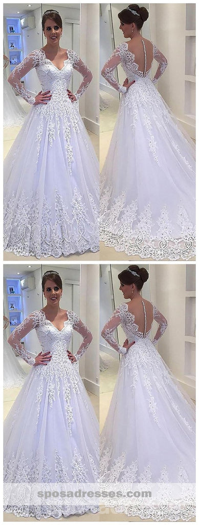 Vestidos de novia de una línea blanca de mangas largas en línea, vestidos de novia de encaje transparente transparente, WD449