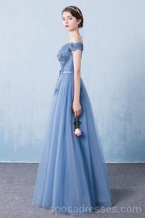 Off Shoulder Dusty Blue Long Evening Prom Dresses, Cheap Custom Party Prom Dresses, 18591
