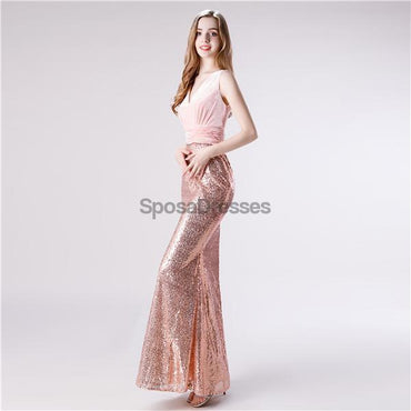 V Neck Rose Gold Sequin Mermaid Evening Prom Dresses, Evening Party Prom Dresses, 12113