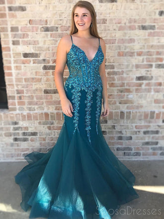 Turquoise See Through V Neck Mermaid Long Evening Prom Dresses, 17543