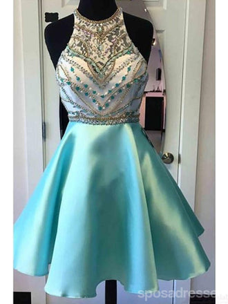 Heavily Beaded Green Halter Short Homecoming Prom Dresses, AffordableSweet 16 Dresses, CM3590