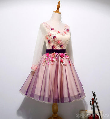 Long Sleeve Hand Made Flower Cute Homecoming Prom Dresses, Affordable Short Party Prom Dresses, Perfect Homecoming Dresses, CM322