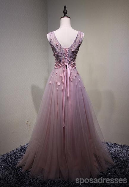 Ver rosa a través de V Neck A-line Tulle Long Evening Prom Dresses, 17616