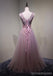 Ver rosa a través de V Neck A-line Tulle Long Evening Prom Dresses, 17616
