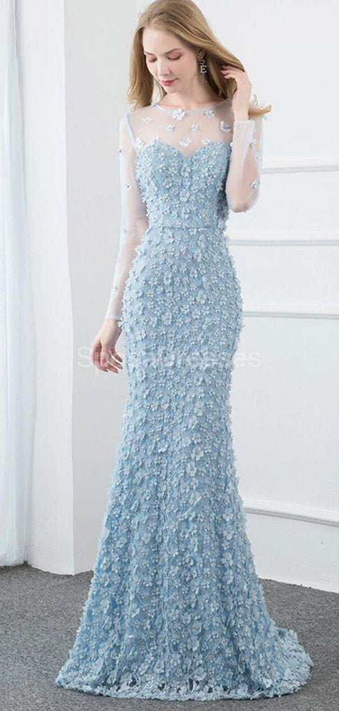 Mangas largas Tiffany vestidos de la fiesta de promoción de la tarde de la sirena azules, vestidos de la fiesta de promoción del partido de la tarde, 12287