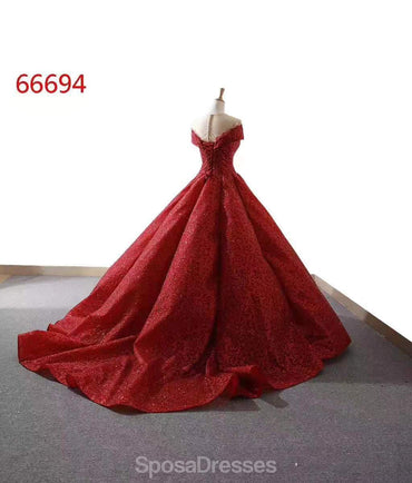 Dark Red Jewel Off Shoulder Ball Gown Long Evening Prom Dresses, Evening Party Prom Dresses, 12213
