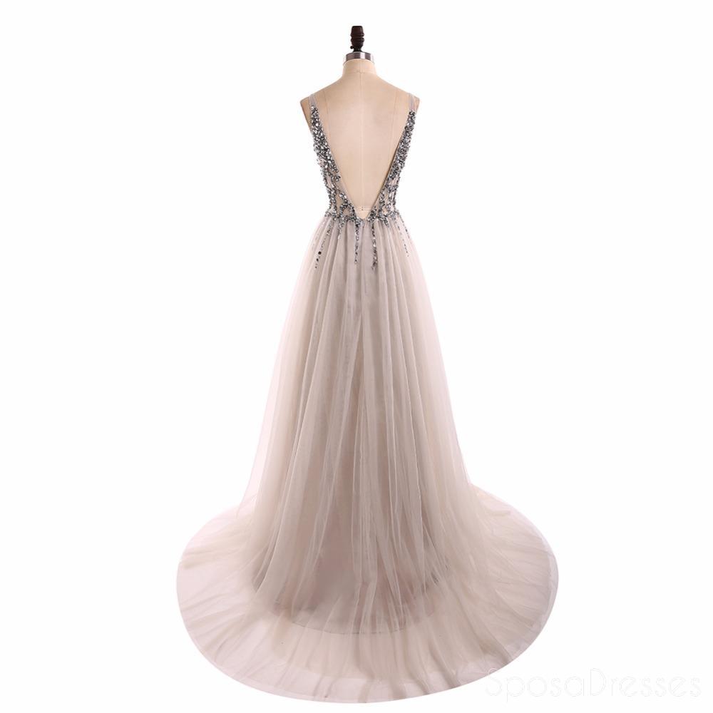 Vestidos de fiesta largos y grises con cuello en V transparentes, vestidos largos de novia baratos, 18351