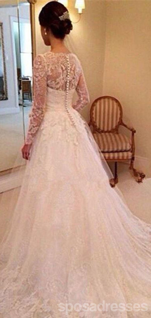 Vestidos de novia baratos de una línea de encaje de manga larga populares en línea, WD400