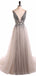 Vestidos de fiesta largos y grises con cuello en V transparentes, vestidos largos de novia baratos, 18351