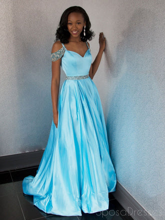 Off Shoulder Blue Beaded A-line Cheap Evening Prom Dresses, Sweet 16 Dresses, 17495