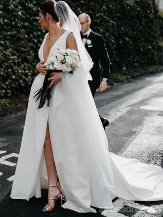 Simple V-Neck A-line Side Slit Cheap Wedding Dresses Online, Cheap Unique Bridal Dresses, WD605