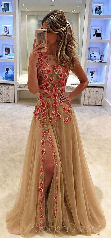 Sexy Side Slit Lace Scoop Neckline Long Evening Prom Dresses, Popular Cheap Long 2018 Party Prom Dresses, 17312