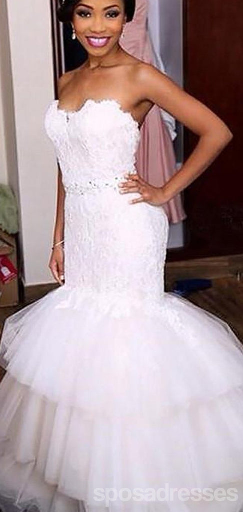 Vestidos de novia de sirena con cuentas de encaje sin tirantes en línea, WD428
