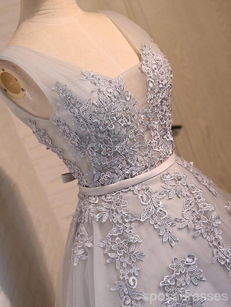 V escote dos correas cordón gris vestidos de la fiesta de promoción de regreso adornados con cuentas, vestidos de la fiesta de promoción del partido cortos económicos, vestidos de regreso perfectos, CM288