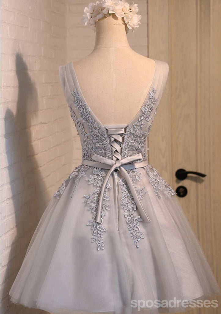V escote dos correas cordón gris vestidos de la fiesta de promoción de regreso adornados con cuentas, vestidos de la fiesta de promoción del partido cortos económicos, vestidos de regreso perfectos, CM288