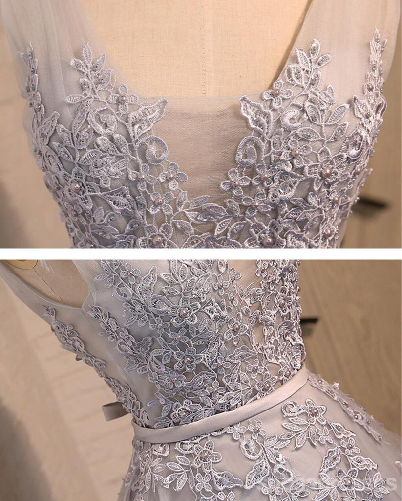 V escote dos correas cordón gris vestidos de la fiesta de promoción de regreso adornados con cuentas, vestidos de la fiesta de promoción del partido cortos económicos, vestidos de regreso perfectos, CM288