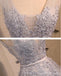 V escote dos correas cordón gris vestidos de la fiesta de promoción de regreso adornados con cuentas, vestidos de la fiesta de promoción del partido cortos económicos, vestidos de regreso perfectos, CM288