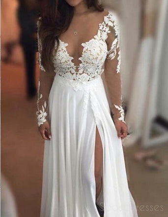 Long Sleeve Lace Beach Wedding Dresses, See Through Chiffon Wedding Gown, 17088