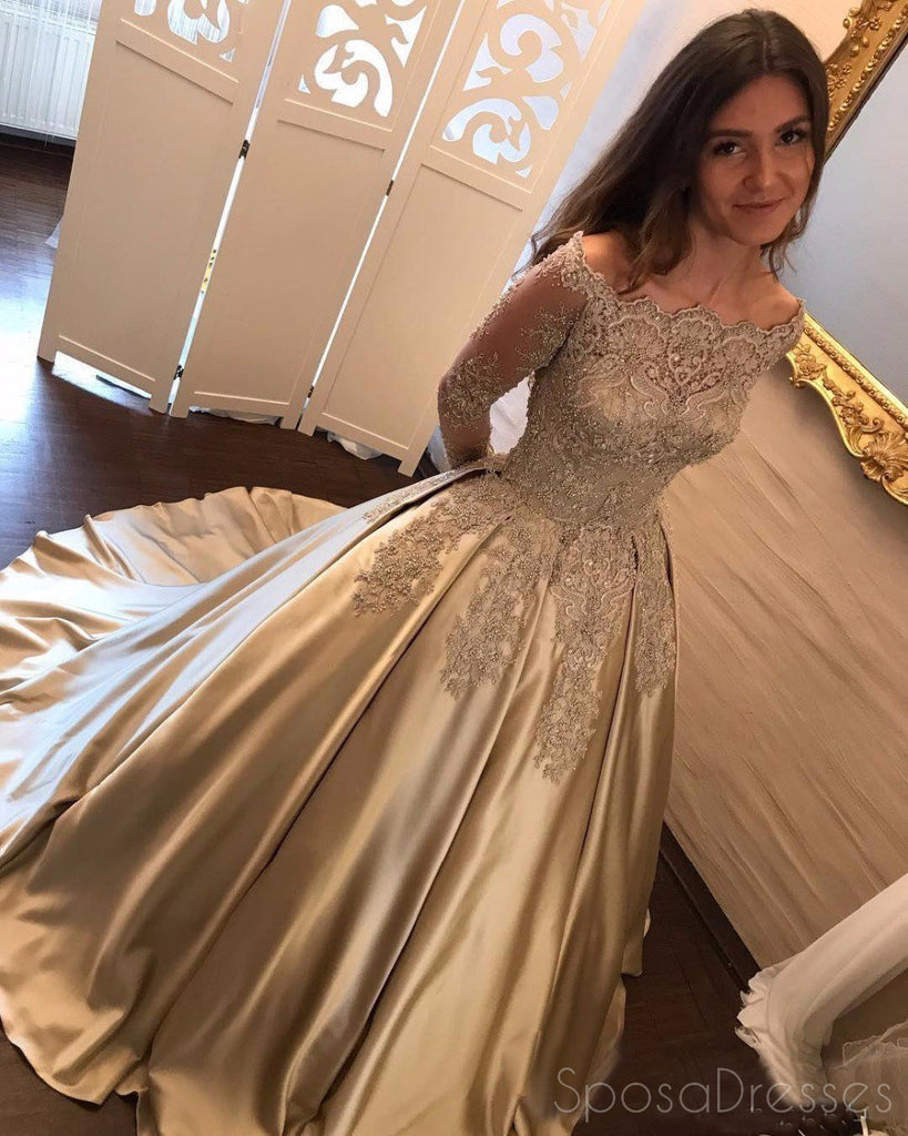 Off Shoulder Long Sleeve Gold Beaded A line Sparkly Evening Prom Dresses, 17159