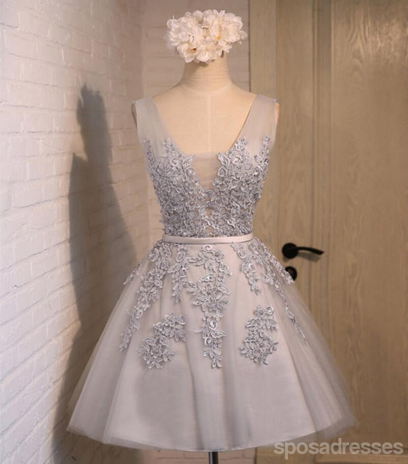 V escote dos correas cordón gris vestidos de la fiesta de promoción de regreso adornados con cuentas, vestidos de la fiesta de promoción del partido cortos económicos, vestidos de regreso perfectos, CM288