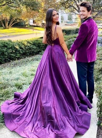 Purple A-line Spaghetti Straps V-neck High Slit Long Party Prom Dresses,Cheap Prom Dresses,12548