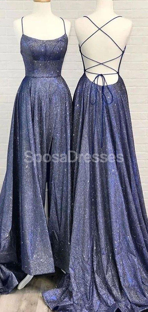 Correas de espagueti azules marino brillan vestidos de la fiesta de promoción de la tarde largos, vestidos de la fiesta de promoción del partido de la tarde, 12282