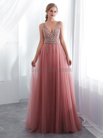V Neck Lace Beaded Peach Evening Prom Dresses, Evening Party Prom Dresses, 12022