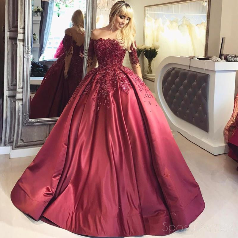 Off Shoulder 1/2 Long Sleeve A line Red Evening Prom Dresses, Popular 2018 Party Prom Dresses, Custom Long Prom Dresses, Cheap Formal Prom Dresses, 17211