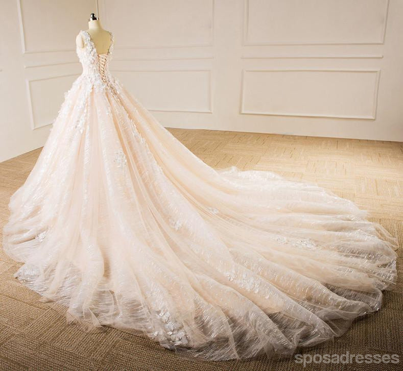 Elegant V Neckline Lace Long Tail Wedding Dresses, Custom Made Wedding Dresses, Cheap Wedding Gowns, WD218