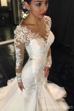 Long Sleeve Lace Mermaid Wedding Dresses,  See Through Long Custom Wedding Gowns,17101