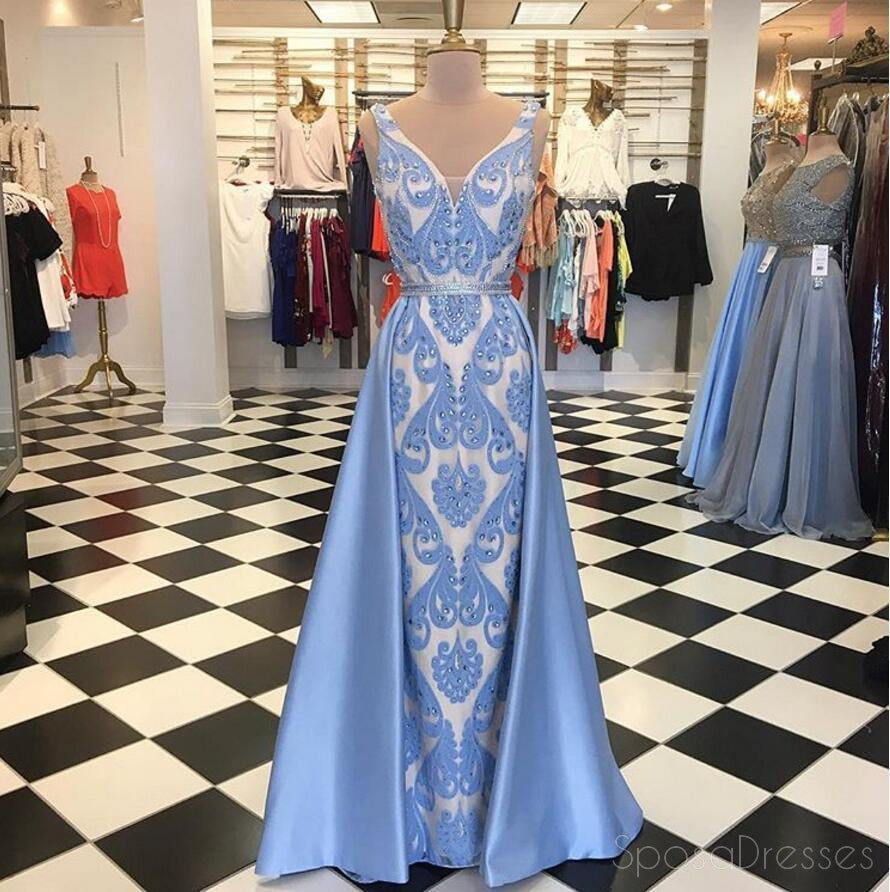 Blue Embroidery Lace Mermaid Long Evening Prom Dresses, Popular Cheap Long 2018 Party Prom Dresses, 17293