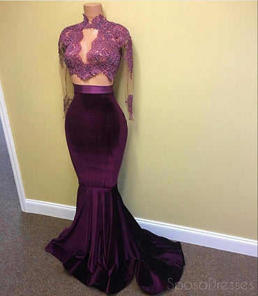 Sexy Two Pieces Long Sleeve See Through Lace Beaded Evening Prom Dresses, Popular Purple Party Prom Dress, Custom Long Prom Dresses, Cheap Formal Prom Dresses, 17162