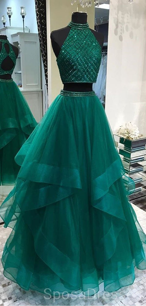 Sexy Two Pieces Emerald Green Open Back Evening Prom Dresses, Cheap Custom Sweet 16 Dresses, 18488