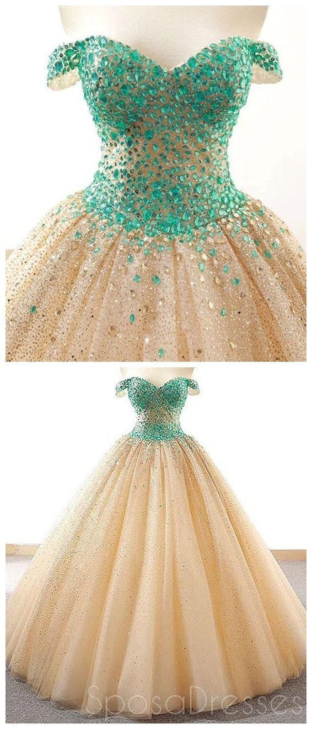 Off Shoulder Green Rhinestone Ball Gown Long Evening Prom Dresses, Cheap Sweet 16 Dresses, 18434