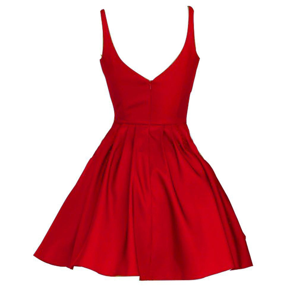 Vestidos de fiesta rojos simples con cuello en V baratos cortos debajo de 100, CM462