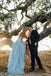 Vestidos de novia baratos de gasa azul con cuello en V y abertura lateral en línea, vestidos de novia únicos baratos, WD609