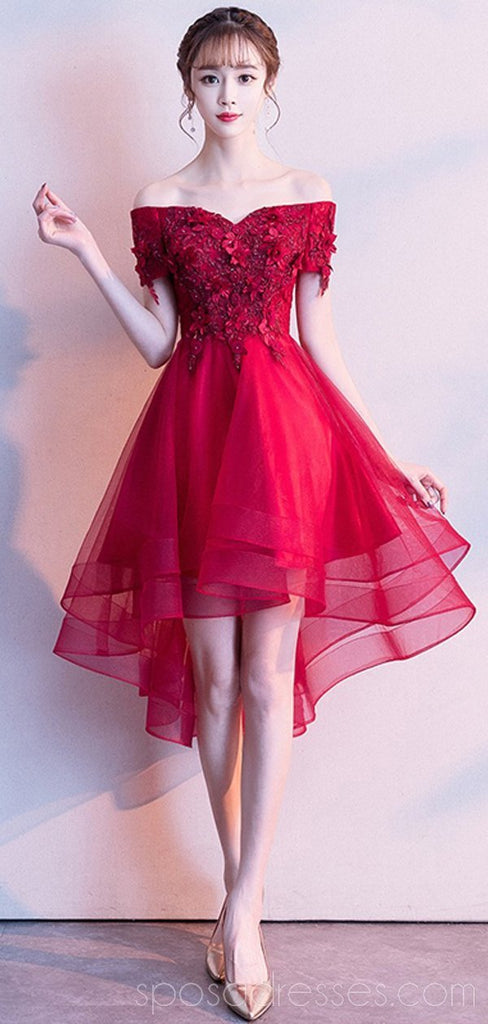 Rojo vivo de hombro regreso barato alto bajo adorna vestidos de la fiesta de promoción cortos en línea, baratos, CM783