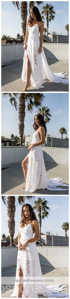 Vestidos de novia de playa con abertura lateral sin espalda sexy en línea, vestidos de novia de playa baratos, WD455