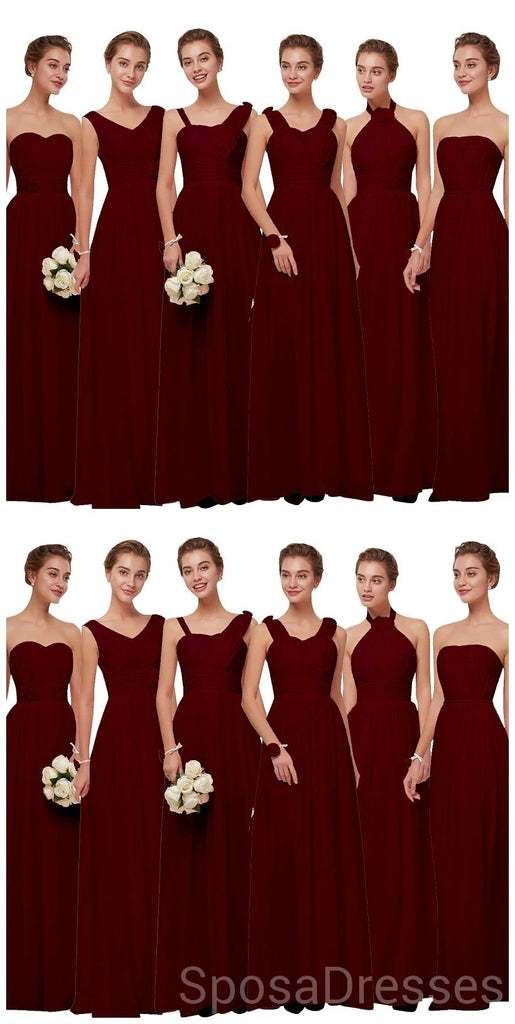 Vestidos de dama de honor largos y baratos de gasa roja oscura baratos en línea, WG630