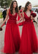 De color Rojo brillante de Cuello en V de Encaje de Tul Una línea Barato Vestidos de Dama de honor en Línea, WG348