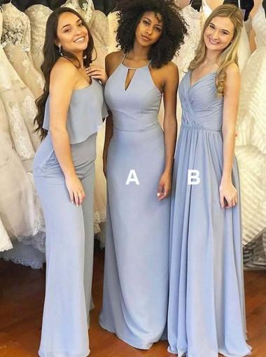 Vestidos de dama de honor baratos de gasa larga azul polvoriento mal combinados en línea, WG279