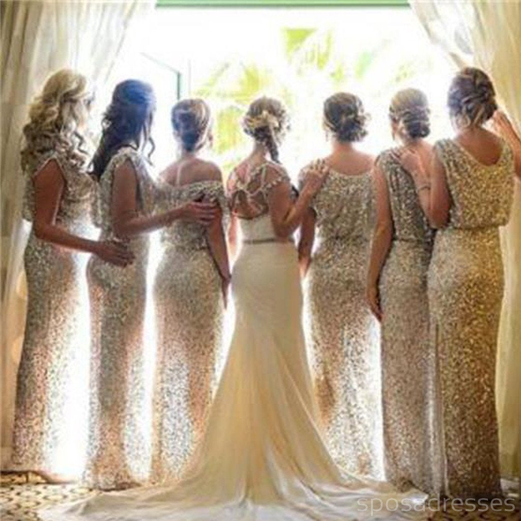 Popular brillante Bling lentejuelas largo en venta vestidos de invitados de boda Formal encantador vestidos de dama de honor, WG29