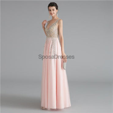 V Neck Chiffon Heavily Beaded Pink Evening Prom Dresses, Evening Party Prom Dresses, 12122
