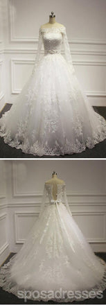 Straight Neck Long Sleeve White Lace Beaded Wedding Party Dresses, WD0029