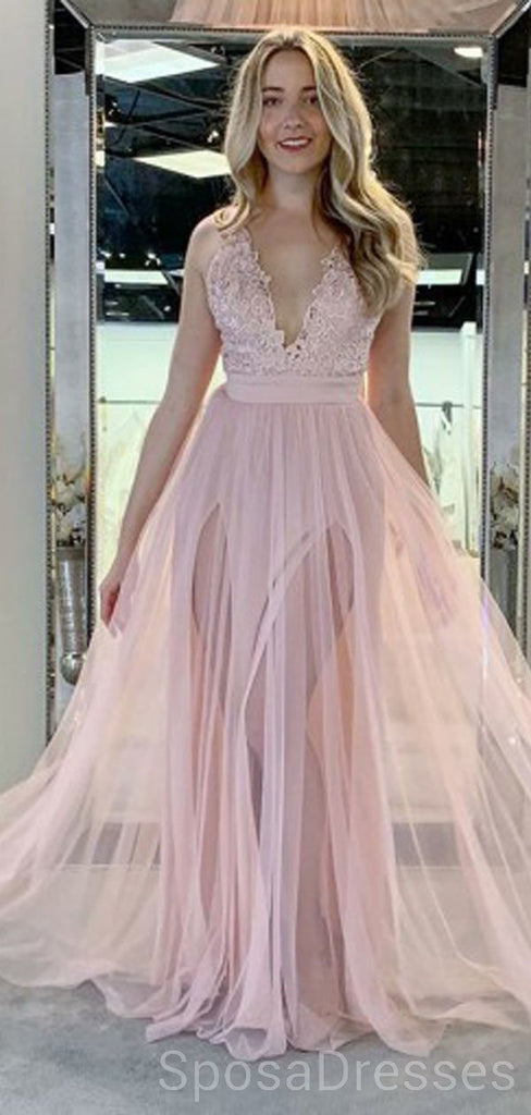 Pale Pink V Neck Side Slit Tulle Long Evening Prom Dresses, Cheap Custom Sweet 16 Dresses, 18479
