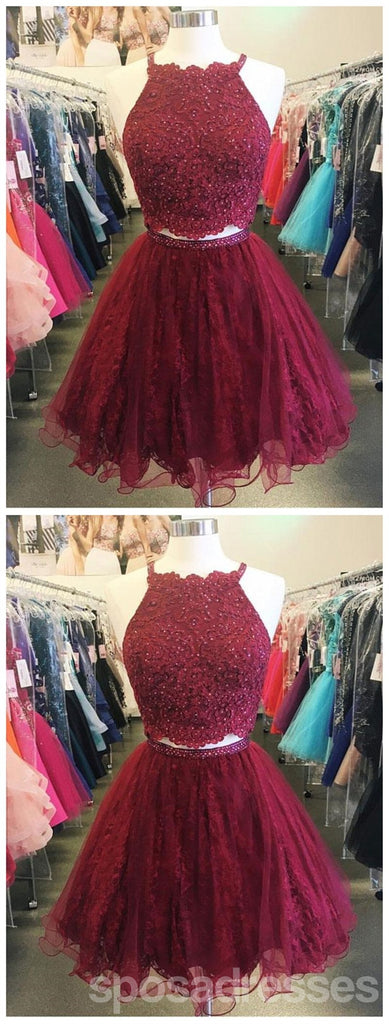 Dos vestidos baratos de encaje corto, rojo oscuro, 2018, cm482.