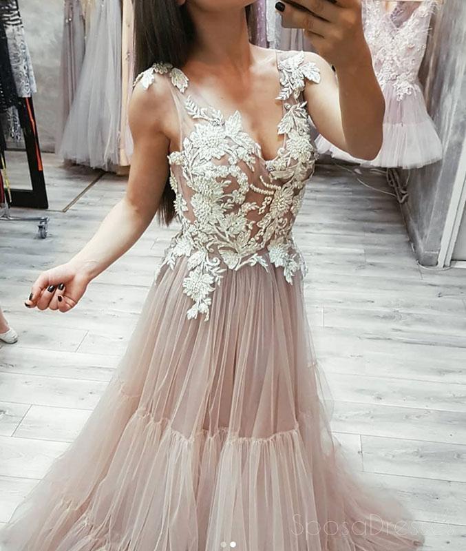 Lace V Neck See Through A-line Long Evening Prom Dresses, Cheap Sweet 16 Dresses, 18411
