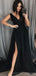 Simple V Neck Side Slit Black Evening Prom Dresses, Cheap Custom Sweet 16 Dresses, 18482